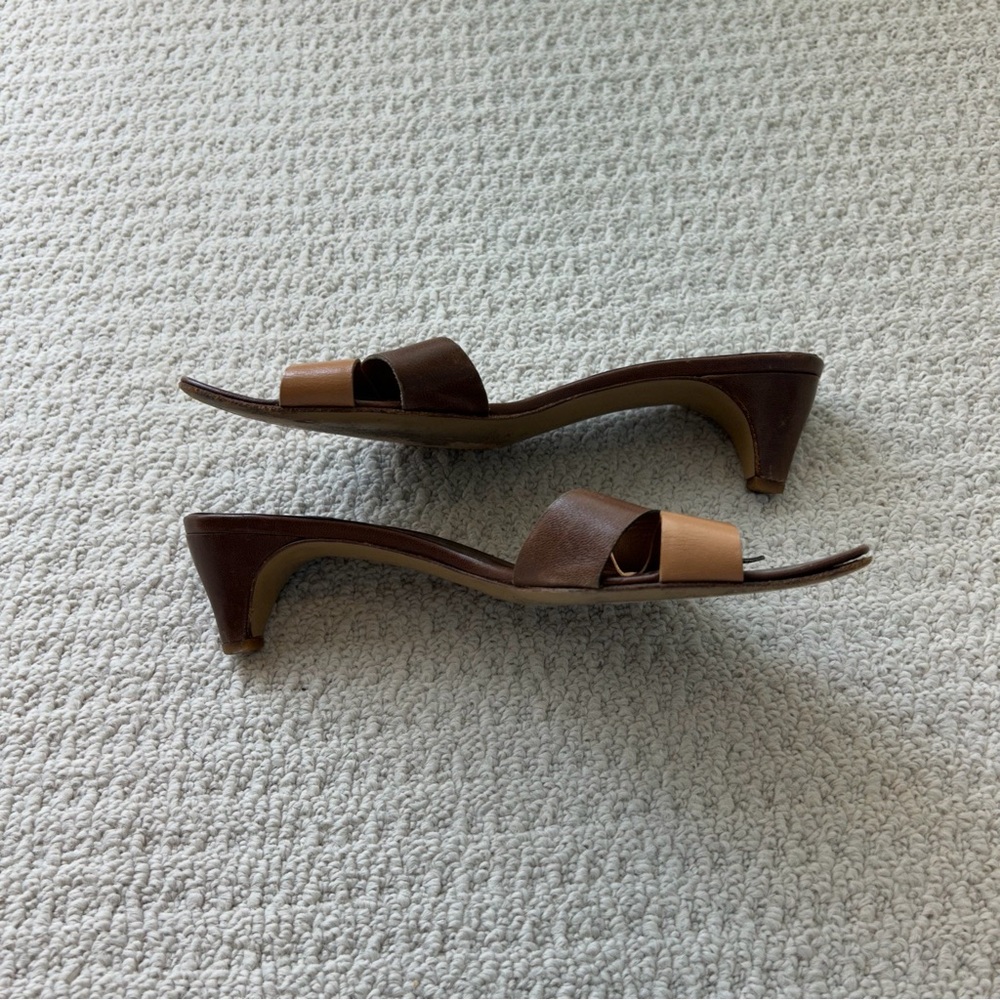 BCBGMaxAzria Brown and Tan Leather Knot Mule Heels - Picture 6 of 14